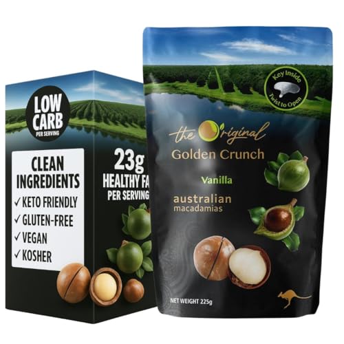 Veefood Golden Crunch In-Shell Macadamias 225g - Premium Australian Macadamia Nuts with Vanilla Flavor | Crunchy, Creamy & Heart-Healthy Snack (Pack