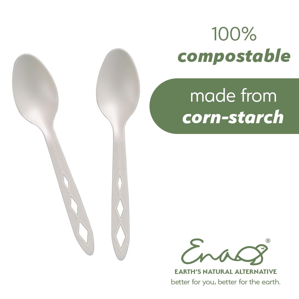 100% Compostable Non Plastic Spoons [100 Pack] CPLA Disposable Spoons. Non Plastic Silverware Set. Eco-Friendly Cutlery, Off White Flatware, Extra