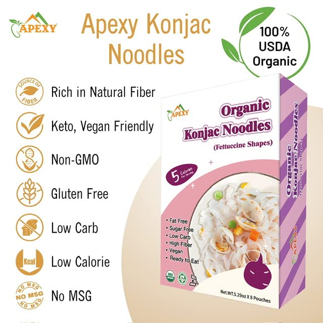 Apexy Organic Shirataki Konjac Noodle 8 Pouches Total 42.24oz. Low Calorie, Low-Carb Gluten Free, Vegan, Keto and Paleo-Friendly. (Fettuccine Shapes)