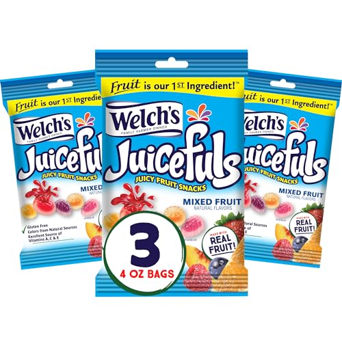 Welch's Juicefuls Juicy Fruit Snacks, Mixed Fruit, Fruit Gushers, Gluten Free, 4 Oz Sharing Size Bags (Pack of 3)