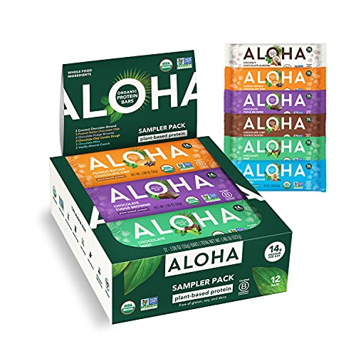 ALOHA Organic Plant Based Protein Bars - 6 Flavor Variety Pack - 12 Count, 1.9oz Bars - Vegan Snacks, Low Sugar, Gluten-Free, Low Carb, Paleo