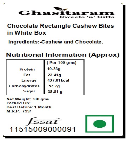 Ghasitaram Gifts Diwali Gifts Sweets - Chocolate Rectangle Cashew Bites in White Box