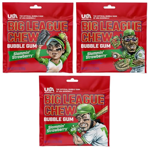 Big League Chew Strawberry Bubble Gum 3-Pack - 2.12oz Packets - Slammin’ Strawberry Baseball Gum - Big League Chew Baseball Candy Set for Treats