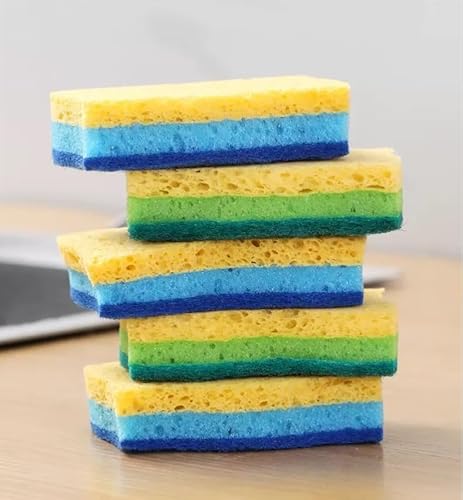 BORAHD'S Cellulose Scrub Sponges, Multi-Color Pack, Non-Scratch Kitchen Cleaning Sponges, 6 Count, Yellow and Blue, for Dishes, Counters and Cookware