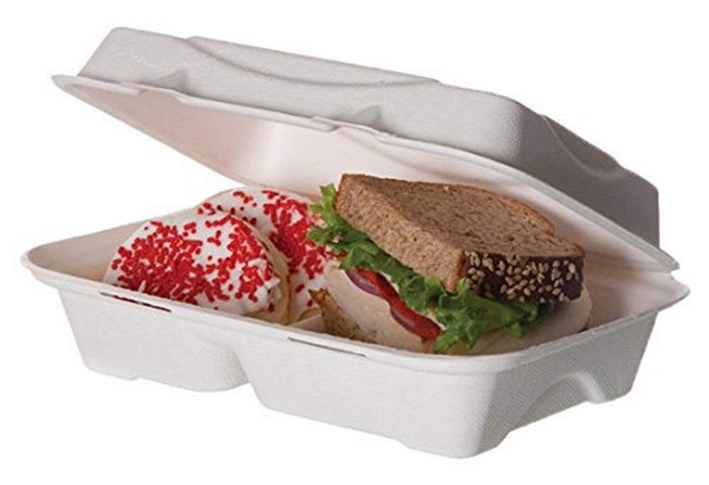 Eco-Product EP-B002 Plant Based Plastic 2 Compartment Renewable and Compostable Sugarcane Clamshell, 9" Length x 6" Width x 2-1/2" Height (Case of 2