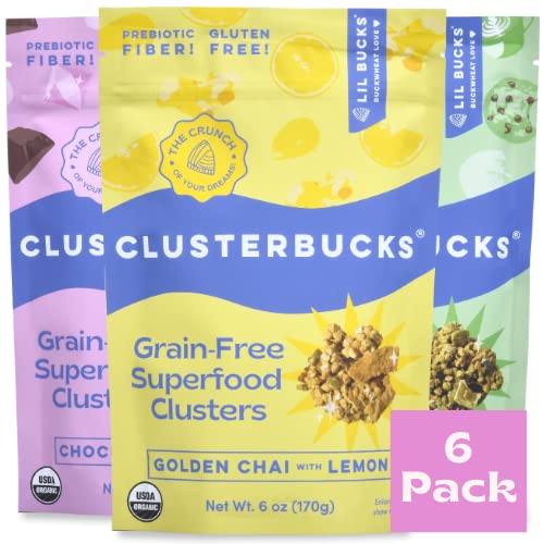 Lil Bucks Clusterbucks Grain-Free Superfood Clusters made with Sprouted Buckwheat and Adaptogens, Gluten Free Snack (Variety 6 Pack - Chocolate
