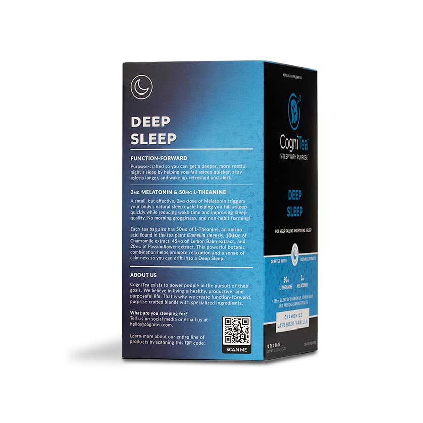 CogniTea Deep Sleep Tea 2mg Melatonin and 50mg L-Theanine for Deep Sleep with Valerian, Chamomile, Lemon Balm and Passion flower Extra Strength Sleepy