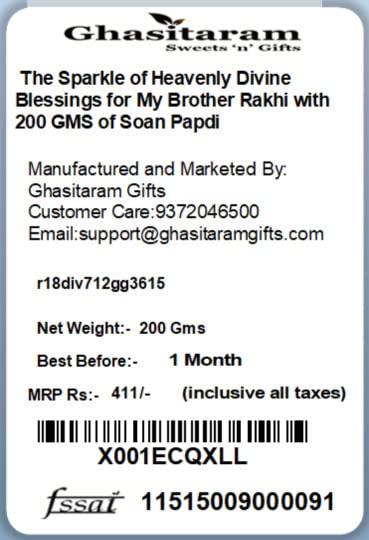 Ghasitaram Gifts Rakhi for Brother Rakhis Online- The Sparkle of Heavenly Divine Blessings for My Brother Rakhi with 200 GMS of Soan Papdi