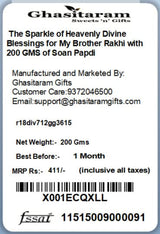 Ghasitaram Gifts Rakhi for Brother Rakhis Online- The Sparkle of Heavenly Divine Blessings for My Brother Rakhi with 200 GMS of Soan Papdi