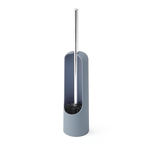 Umbra Touch Toilet Brush with Hideaway Holder - Durable, Slim, Plastic and Metal Bowl Cleaner with Bristles, Slate Blue