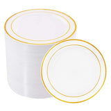 bUCLA 100Pieces Gold Plastic Plates - 6.25inch White with Gold Rim Disposable Salad/Dessert/Appetizer/Small Cake Plates Premium Hard - Ideal