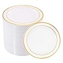 bUCLA 100Pieces Gold Plastic Plates - 6.25inch White with Gold Rim Disposable Salad/Dessert/Appetizer/Small Cake Plates Premium Hard - Ideal