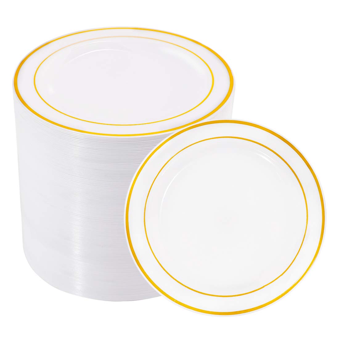 bUCLA 100Pieces Gold Plastic Plates - 6.25inch White with Gold Rim Disposable Salad/Dessert/Appetizer/Small Cake Plates Premium Hard - Ideal