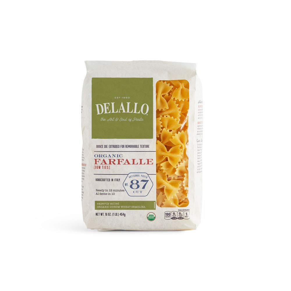 DeLallo Organic Farfalle Pasta, Made with Only 100% Semolina Durum Wheat Flour, Bronze Cut, Made in Italy, Kosher, Vegan, Non-GMO, Bow-Tie Pasta