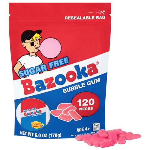 Bazooka Bubble Gum Sugar-Free Chewing Gum Pellets, Bulk Gum in Resealable Bag, 120 Ct in Original Pink Flavor, Sugar Free Bulk, Baseball Party Favors
