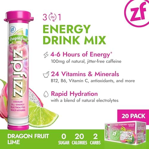 Zipfizz Daily Energy Drink Powder, Dragon Fruit Lime, 20 Pack | 3-in-1 Sustained Energy, Rapid Hydration, and Essential Vitamins | Sugar-Free |