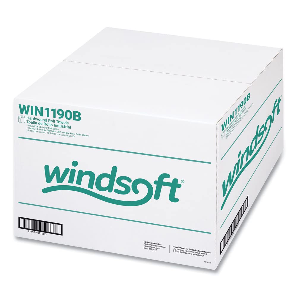 Windsoft 1190 Paper Towel Roll, 1-Ply Hardwound, 8" Width x 600' Length, White (Pack of 12)