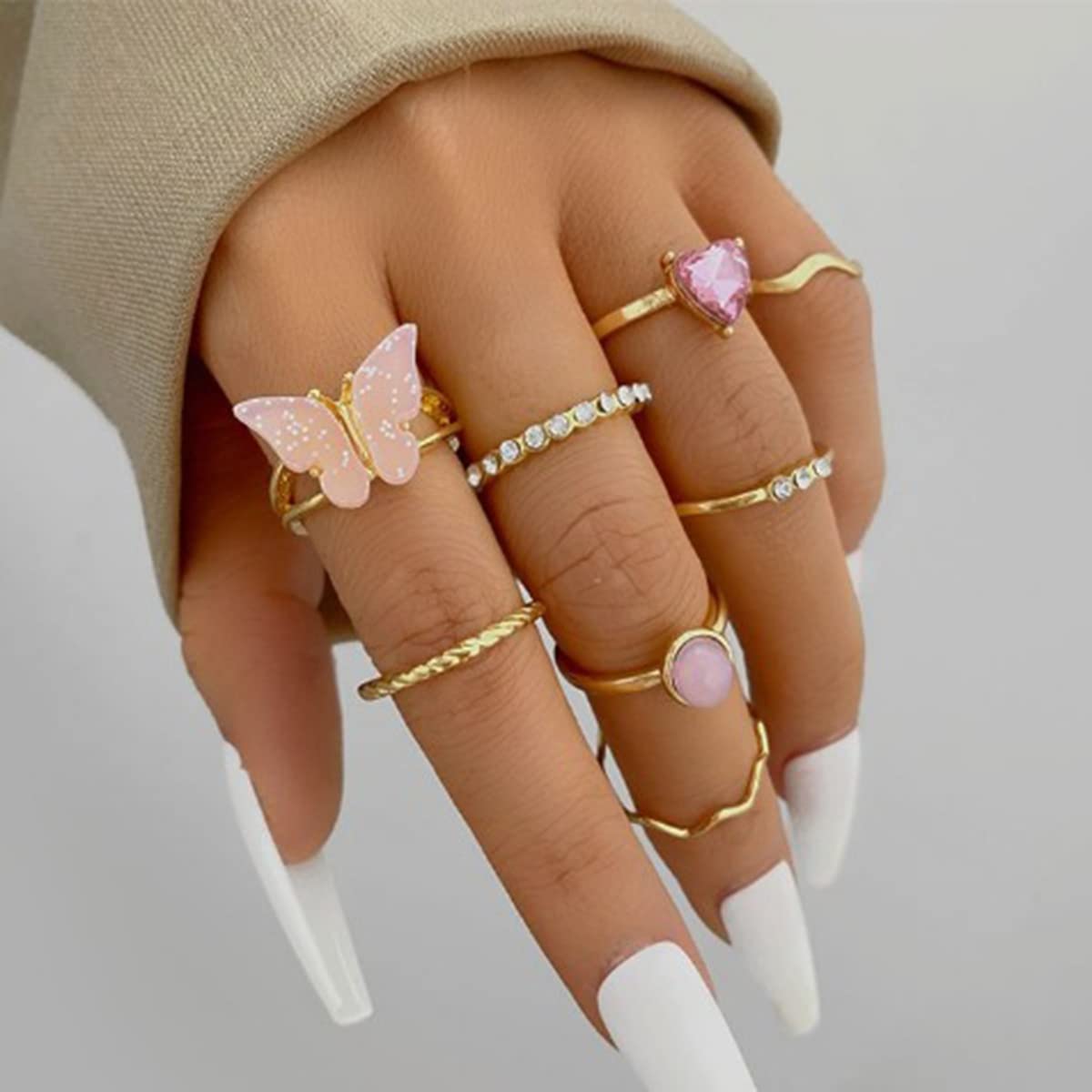 Pink Butterfly Ring Set Love Diamond Ring Set of Eight