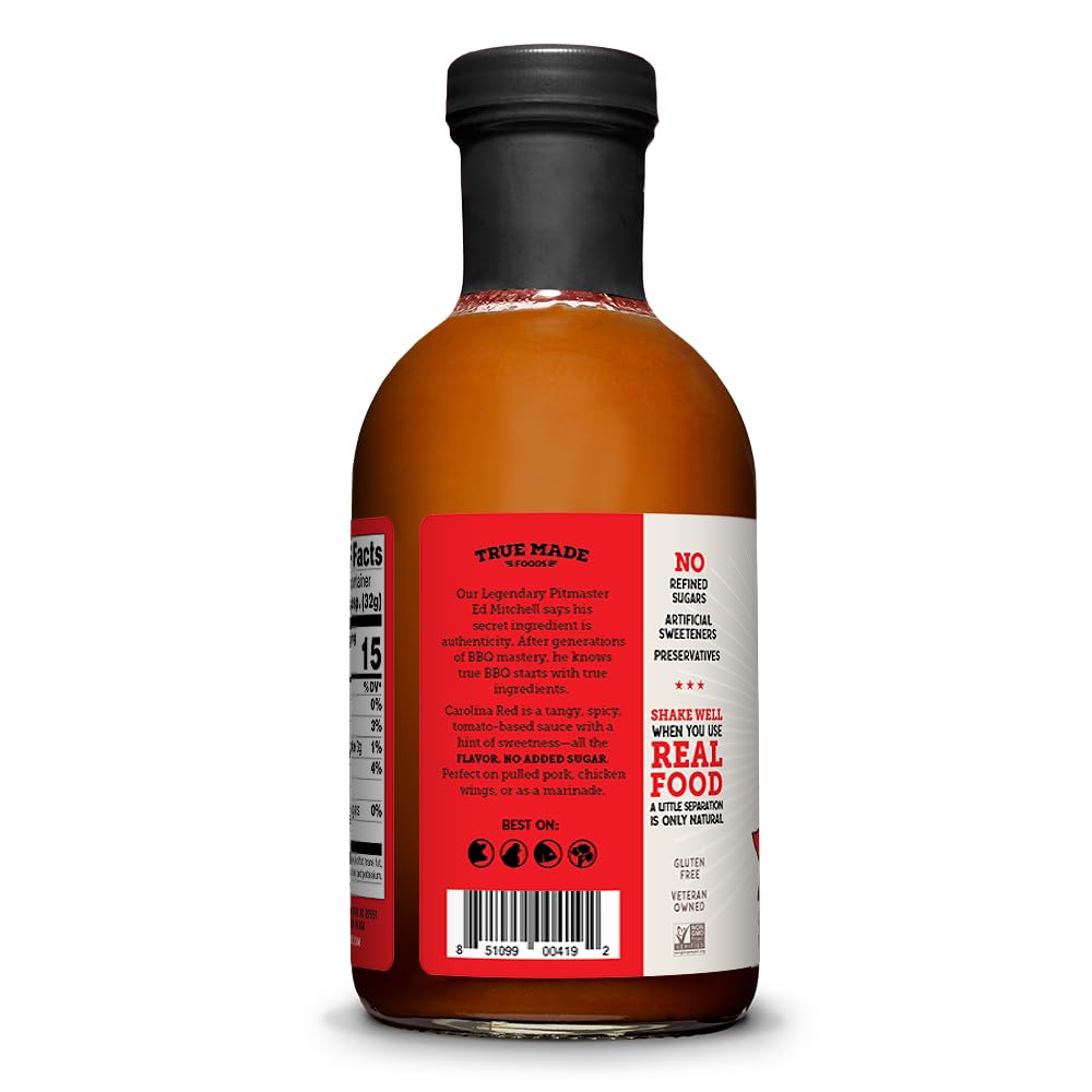 True Made Foods Carolina Red BBQ Sauce, Authentic Pitmaster Barbecue Recipe, No Sugar Added, Keto, Whole30, Paleo, Vegan, Gluten Free (18oz, 2Pack)