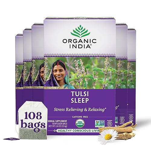 ORGANIC INDIA Tulsi Sleep Herbal Tea - Holy Basil, Ashwagandha, Chamomile, Night Time Tea for Bedtime, Stress Relieving & Relaxing, Immune Support