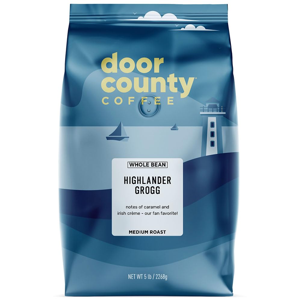 Door County Coffee Highlander Grogg Flavored Coffee Whole Bean - 5 lb Bag - Flavored Ground Medium Roast - 100% Specialty Arabica - Gourmet - Irish
