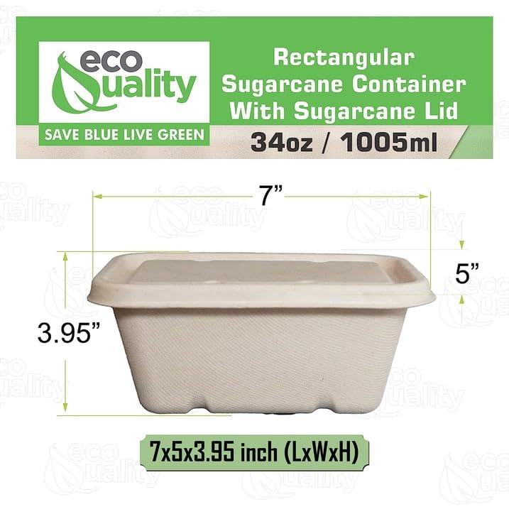 EcoQuality 34oz Disposable Bowls with Fiber Lids - Rectangular Compostable Sugarcane Fiber Biodegradable Paper Bowls Eco-Friendly Take Out Food