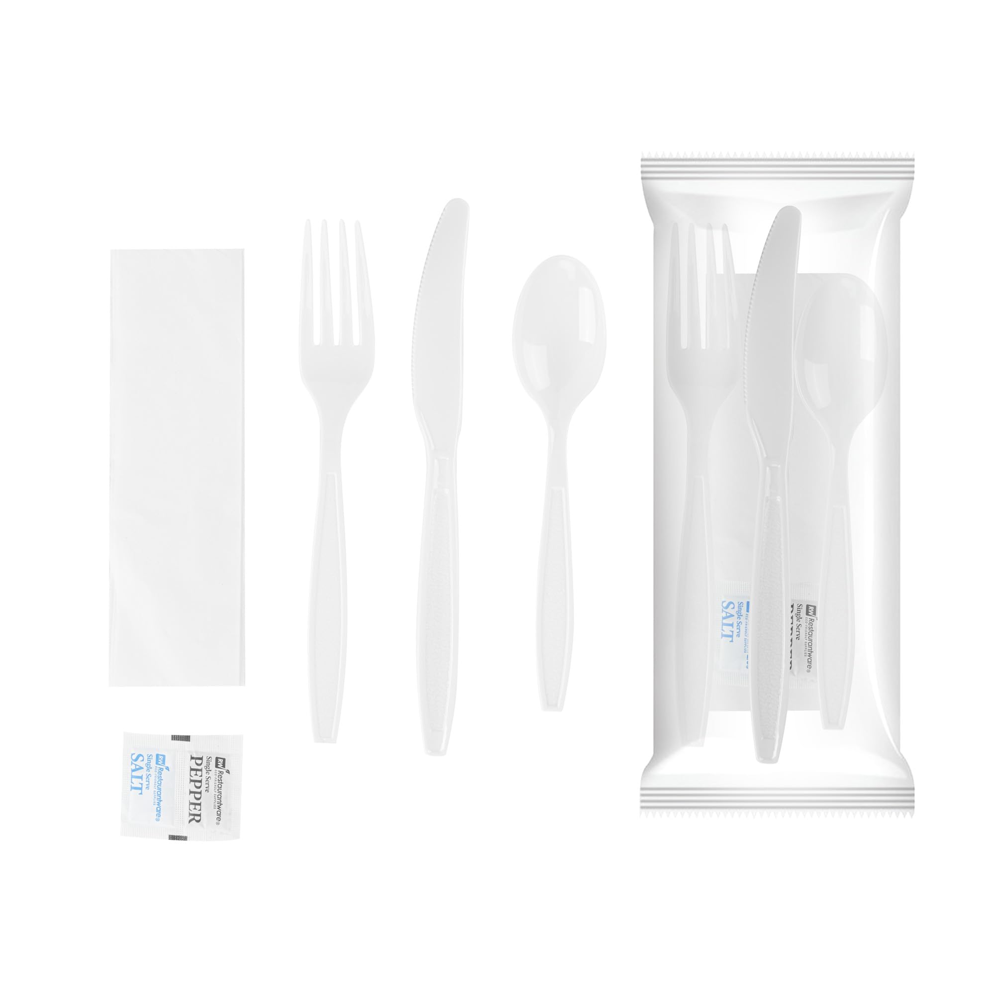 Restaurantware Utensil Kit 500 Pack of Plastic Cutlery Set Individually Wrapped Knife Fork Spoon Set with Napkin And Condiments For Take Out Catering