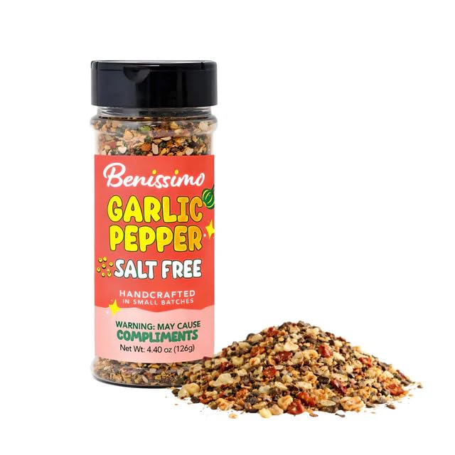 Benissimo Garlic Pepper Salt-Free Seasoning, Flake & Granule Blend for Steaks, Beef, Wild Game, Marinades & Roasted Vegetables with Pet Shaker | 8.5