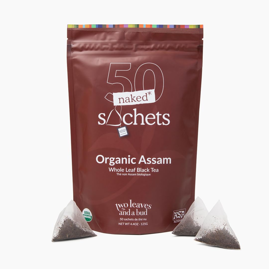 Two Leaves and a Bud Organic Assam - 50 Naked Tea Sachets, Whole Leaf Black Tea in Pyramid Sachets, Resealable Bag, 50 Count (Pack of 1)