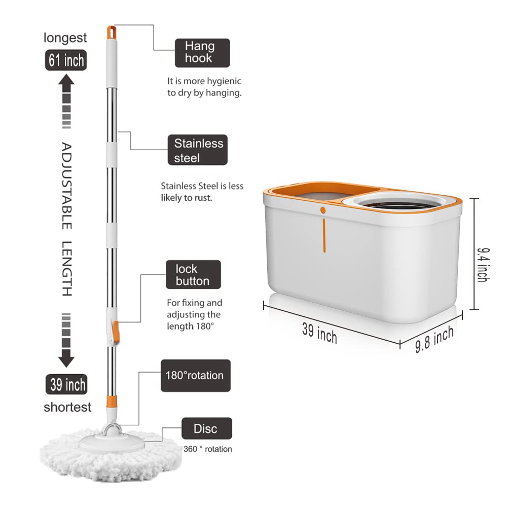 Floor Spin Mop and Bucket Set with Wringer System Extended Stainless Steel Handle 61?for Home Floor Cleaning Use with 5 Replacement Head Refill and 1