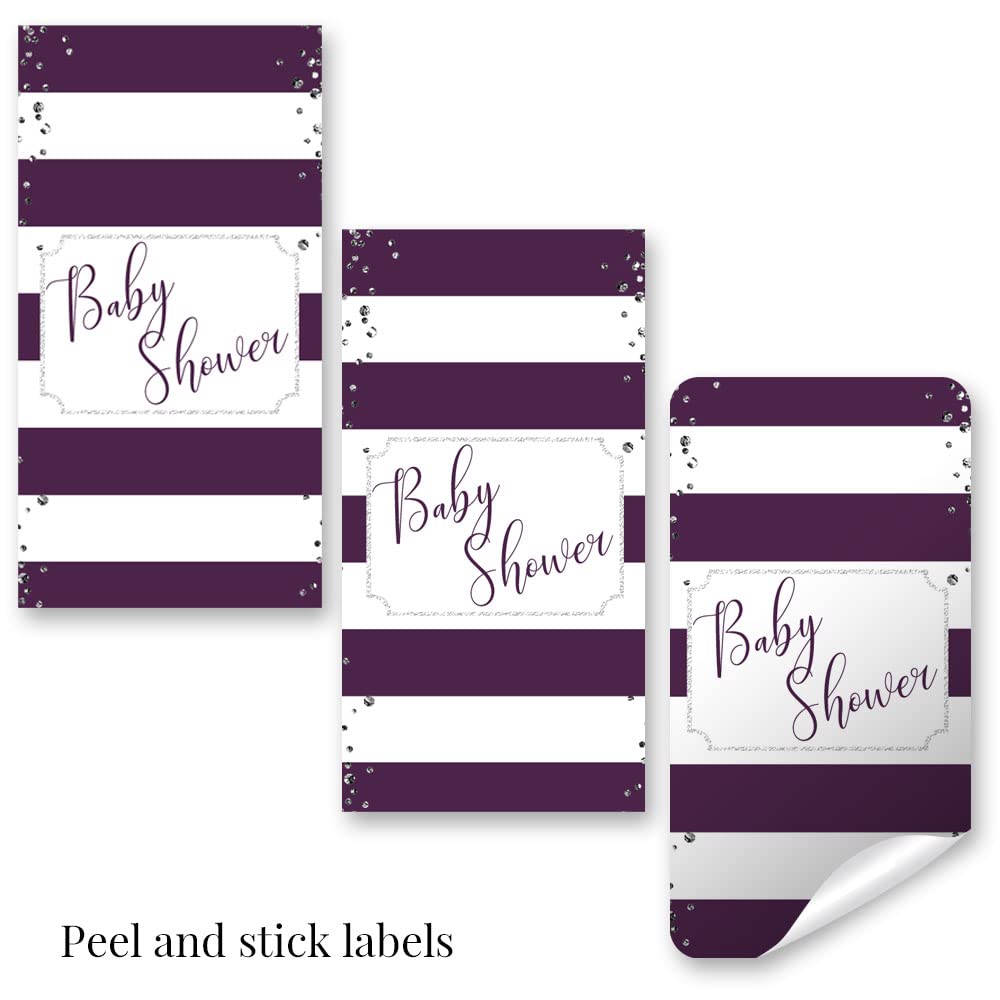Amanda Creation Striped Purple & Silver Baby Sprinkle Baby Shower Mini Chocolate Candy Bar Sticker Wrappers, 45 1.4" x 2.6" Wrap Around Labels, Great