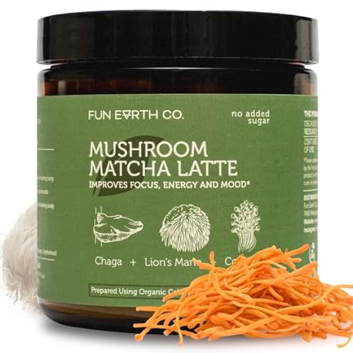 Fun Earth Matcha Mushroom Latte, Ceremonial Grade Matcha Blended with Lion’s Mane, Chaga and Cordyceps - Vanilla Strawberry Flavor for Smooth Energy