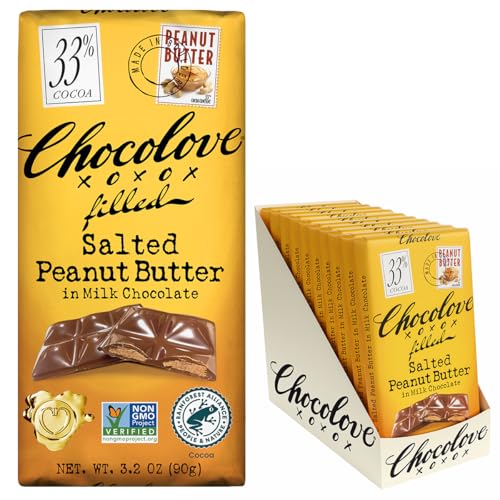 Chocolove Filled Salted Peanut Butter Milk Chocolate Bars | 33% Cocoa | Crafted with Silky Premium Chocolate | Non GMO, Rainforest Alliance Certified