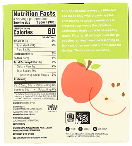 365 by Whole Foods Market, Organic Unsweetened Applesauce Pouches, 3.2 Ounce (Pack of 4)