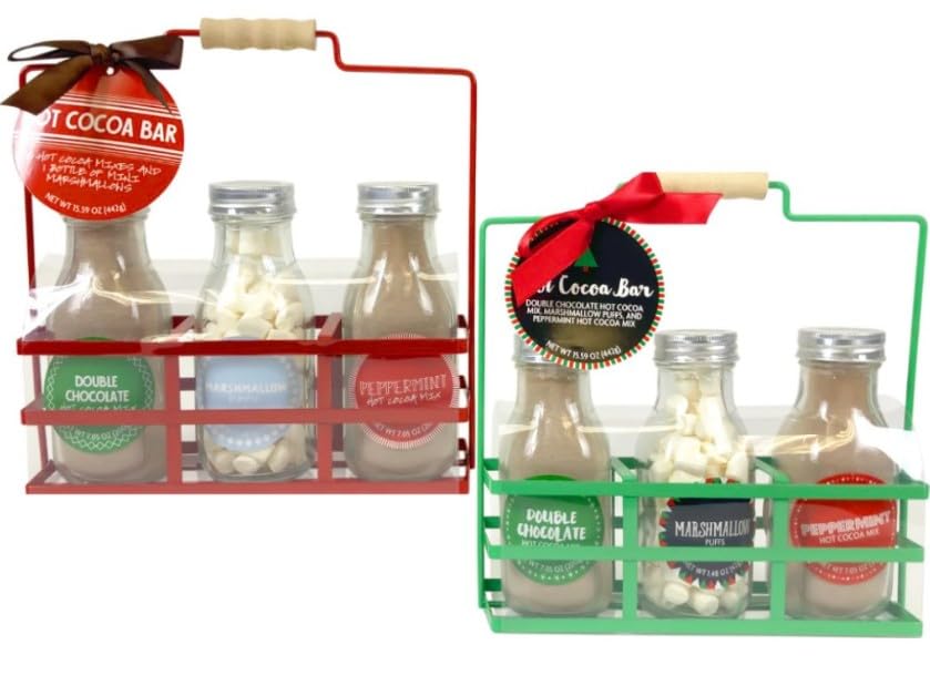 Double Chocolate and Peppermint Hot Chocolate Gift Set, with Marshmallows - Red or Green Fancy Holiday Hot Cocoa Mix in Glass Bottles - Family Hot