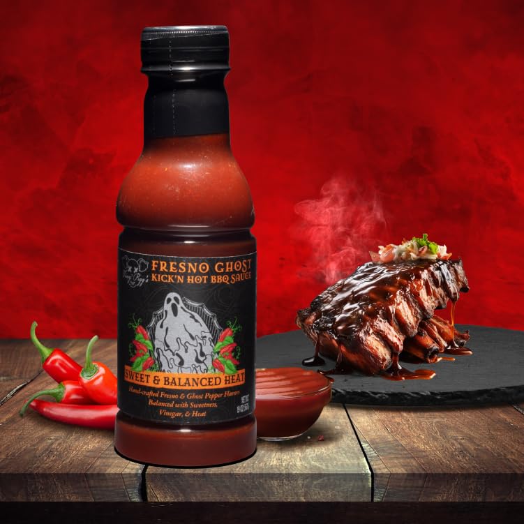 Tony Piggs Hot BBQ Sauce Fresno Ghost Flavor (19oz)- Great Condiment Topping for Wings, Ribs & Burgers at Parties - Barbecue Sauce w Hot Sauce Heat