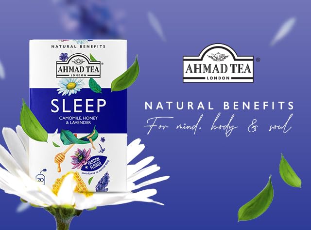 Ahmad Tea Herbal Tea, Camomile, Honey, & Lavender 'Sleep' Natural Benefits Teabags, 20 ct (Pack of 6) - Decaffeinated & Sugar-Free
