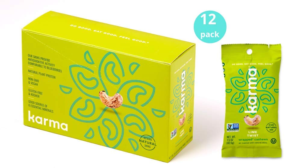 Karma Nuts Lime Twist Cashews | 12, 1.5 Ounce Snack Packs | Whole, Roasted, Wrapped, Keto Friendly, Vegan, Non Gmo, Gluten Free, No Added Sugar, Low