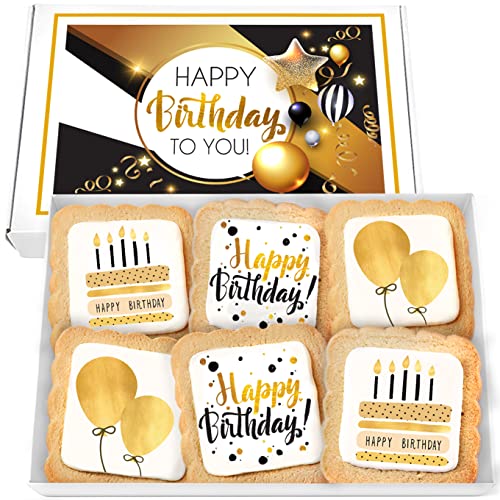 Happy Birthday Cookies 6 PACK Gift Basket Gold for Men Women Kids | Gourmet Decorated Sugar Cookie Gift Box | Individually Wrapped Nut-Free