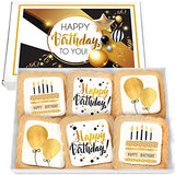 Happy Birthday Cookies 6 PACK Gift Basket Gold for Men Women Kids | Gourmet Decorated Sugar Cookie Gift Box | Individually Wrapped Nut-Free