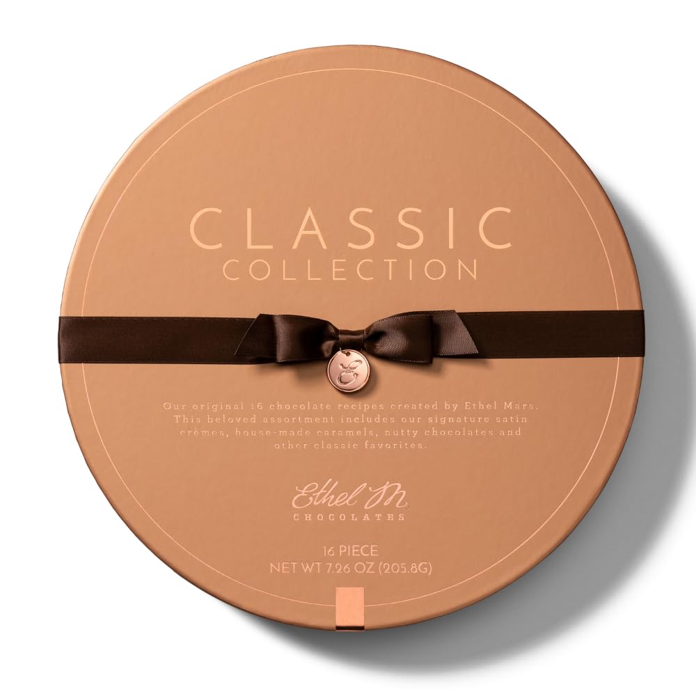 Ethel M Chocolates Classic Collection 32 Piece Premium Milk and Dark Chocolate Assortment in Round Copper Gift Box - Chewy Caramel, Macadamia, Pecan