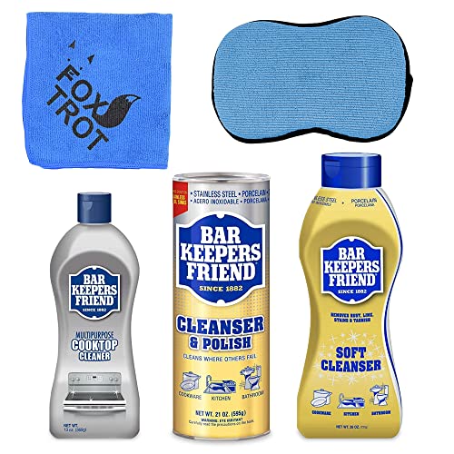 BAR KEEPERS FRIEND Cleanser Trio - Mega Bundle (21 Oz Cleanser and Polish Powder | 26 Oz Liquid Soft Cleanser | 13 Oz Cooktop Cleaner) Plus 1 Foxtrot