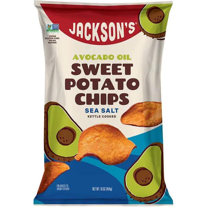 Jackson's Sweet Potato Chips, Avocado Oil, Sea Salt, Kettle Cooked CLEAN SNACK KETO SNACK NON GMO VEGAN GLUTEN FREE KOSHER PALEO SNACK 16 OZ 1 BAG