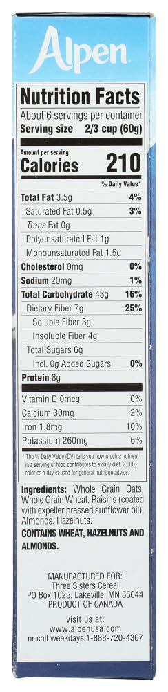 Alpen Muesli Cereal No Sugar Added, 3 Pack of 14 Ounce Boxes