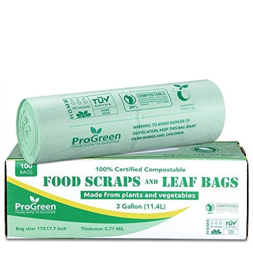 ProGreen Compostable Trash Bags 3 Gallon, Extra Thick 0.71 Mil, 100 Count, Small Kitchen Compost Bin Bags, Food Scraps Yard Waste Bags, Compost ASTM