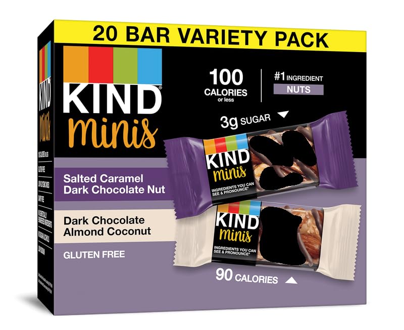 KIND Minis, Variety of Variety 1 Salted Caramel Dark Chocolate Nut/Dark Chocolate Almond Coconut (Pack of 20) 1, Dark Chocolate Nuts & Sea