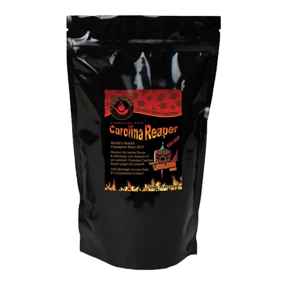 Chocolate Carolina Reaper Pepper Flakes by Magic Plant - 8 Oz - Extremely Hot Rare Chili Strain 2M SHUs |Fruity with Smoky Hints| Fiery Kick to Meats