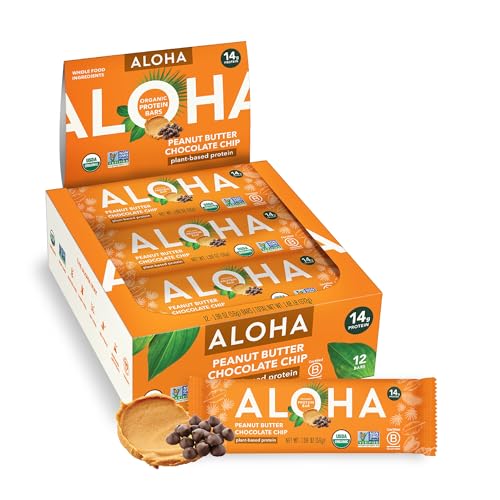 ALOHA Organic Plant Based Protein Bars |Peanut Butter Chocolate Chip | 1.98 Oz (Pack of 12) | Vegan, Low Sugar, Gluten Free, Paleo, Low Carb, Non-GMO