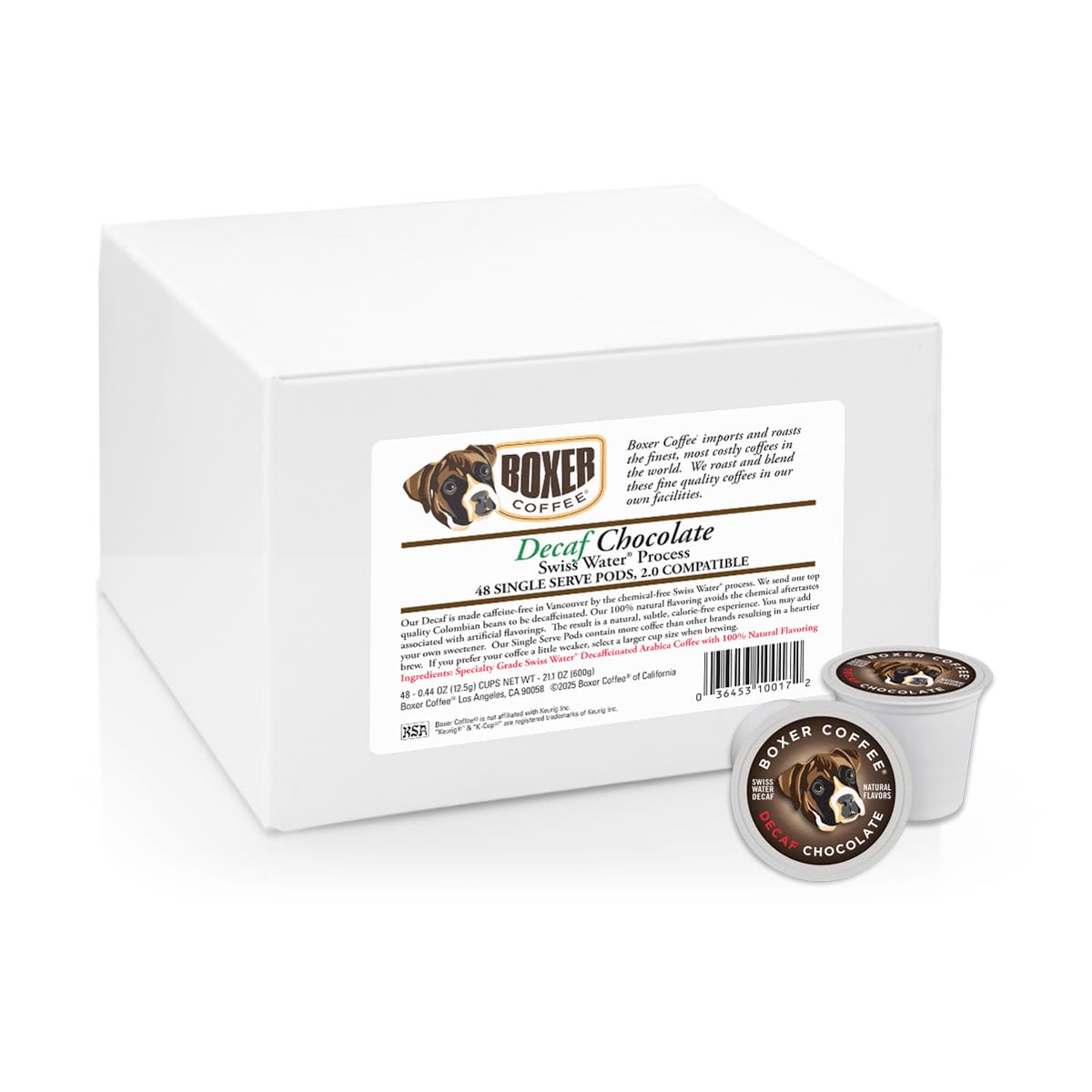 Boxer Coffee Swiss Water Decaf Chocolate Pods - Compatible with Keurig K-Cup Brewers | 48 Count Single-Serve Cups | Gourmet Specialty Artisan Decaf