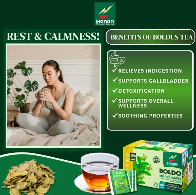 Hanan Boldus Herbal Tea 25 Teabags of Boldo Leaves and Herbs Dried Peumus Boldus Plant Leaf From Peru